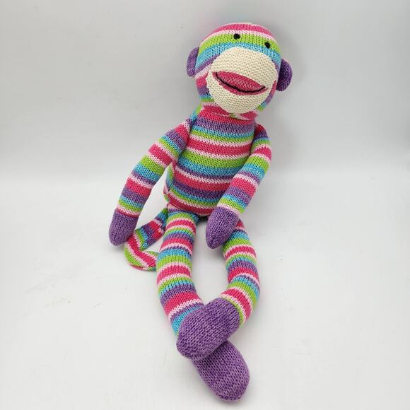 Pier 1 Imports Rainbow Sock Monkey Plush 22" Knit Stuffed Doll Stuffed Toy - Picture 1 of 6